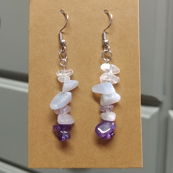 Amethyst Quartz Crystal Blue Lace Agate Earrings Natural Gemstone Chip Beaded - Picture 7 of 14